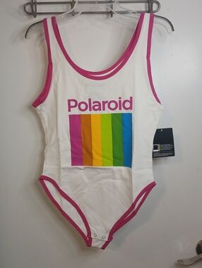 New! Polaroid White & Pink Rainbow Color Graphic Snap Crotch Tank Bodysuit L